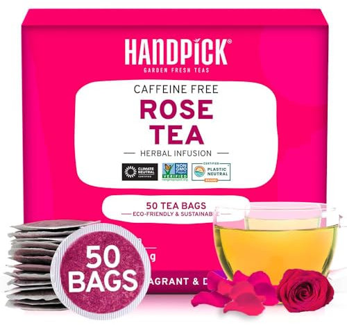 HANDPICK, Rose Buds Herbal Tea Bags - 50 Count | Caffeine Free Rose Tea with Chamomile & Tulsi | Floral & Smooth | Round Eco-conscious Tea Bags
