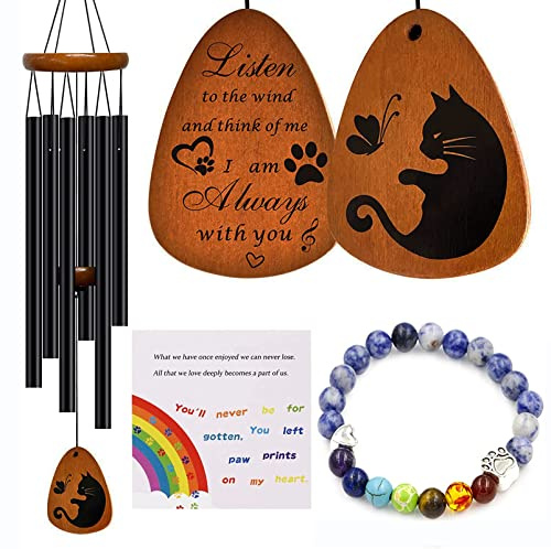 Carillon éolien noir classique pour animal domestique, cadeau commémoratif pour les mères, les amis et les amoureux des chats, convient également pour la décoration de terrasse et de jardin + bracelet