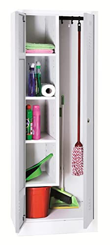 Schrank & Stuhl Mehrzweckschrank | Besenschrank mit verkürzter Trennwand, Hakenleiste und 5 Fächern 180x80x50, Drehriegelverschluss, komplett montiert, Weiß/Grau