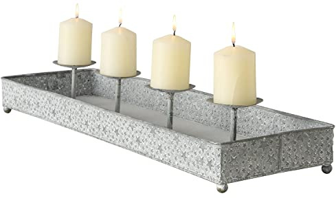 BOLTZE Kerzenleuchter Finno rechteckig I (LxH) 70x11cm I Kerzenständer aus Zink mit Sternen-Dekor I Advents-Kerzenhalter auf Tablett für 4 Stumpenkerzen I Tisch-Deko zu Weihnachten, Kranz, Wohnzimmer
