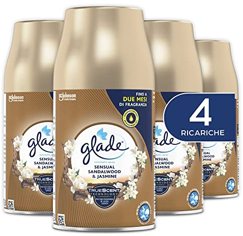 Glade Automatic Spray Ricarica, Profumatore per Ambienti, Fragranza Sensual Sandalwood & Jasmine, Formato Scorta da 4 Ricariche da 269 ml