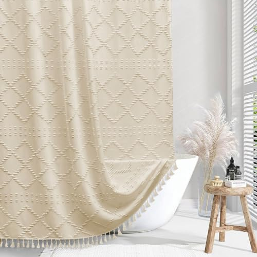 Siiluminisoy Beige Duschvorhang Stoff Boho 180 x 200 Moderner Duschvorhang für das Badezimmer