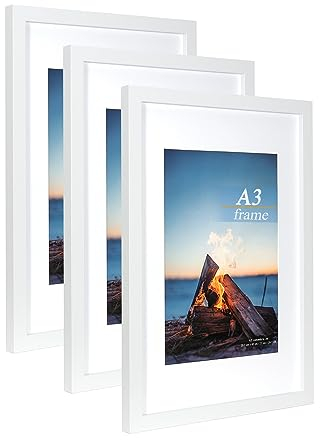 White Wooden Picture Frame A3 with Mat,Set of 3, Mount for A4 Picture or Certificate,Wall Mountable