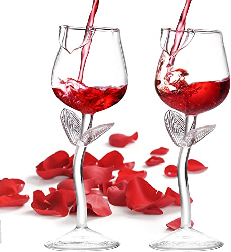 DDMMQS 2-Stück-Set 180ML Rose Weingläser, kreative Weingläser für Frauen, Rose geformt Weingläser, Weinstiel Cocktail Saftgläser, geeignet für Housewarming, Hochzeit, Festival, Küche Bar Feier.