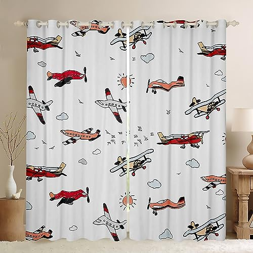 feelingyou Cartoon Flugzeug Kinder Vorhänge, Bunte Flugzeug Druck Luftfahrt Stil Küche Behandlungen, Sonnenwolke Himmel Vögel Tier Vorhänge für Home Decor, 2 Platten, L Größe