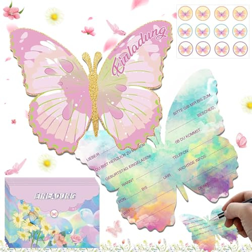 SoundZero 12 Stück Schmetterling Einladungskarten Set, Einladungskarten Kindergeburtstag Schmetterling, Einladungskarten Schmetterling Selbst Basteln, Mit Umschlägen und Aufkleber, Für Mädchen,Jungen