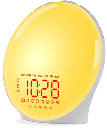 iEasy Sveglia con luce alba per tutti, simulazione alba e tramonto, aiuto per il sonno, doppia sveglia, radio FM, snooze, luce notturna, 13 colori, 23 suoni del sonno, 28 toni di allarme incorporati,