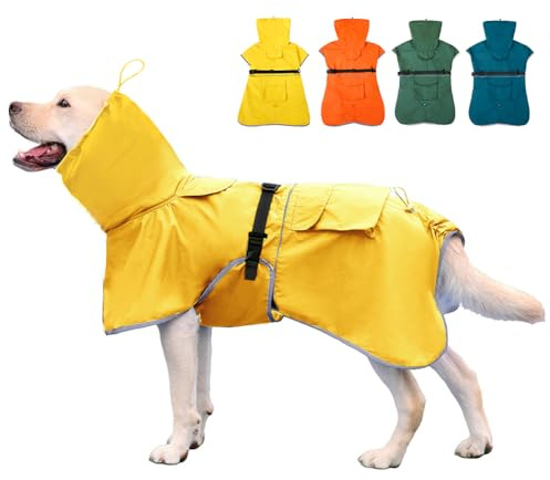 KOOGAL Wasserdichter Hunde-Regenmantel, verstellbar, mit Kapuze, zupfender Poncho, Regenmantel für mittelgroße und große Hunde, reflektierende Hunderegenjacke (Gelb, 5XL)