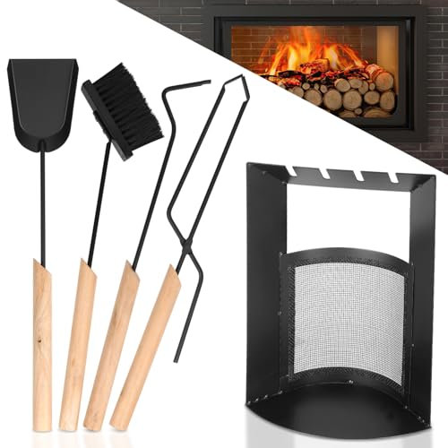 ISOISL Set di posate per camino, 4 Pezzi, Set di posate per camino, con scopa, pala, gancio in ferro, Pinza antincendio, supporto, Attrezzi Camino Moderni con manico in legno