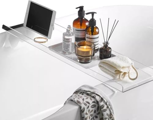 Suixtil Acrylglas-Badewannenablage, Badezimmer-Organisator, Badewannentisch, Badezimmerablage, Badezimmerdekoration, hält Ipad und Bücher Badewannenablage(Transparent,80CM)