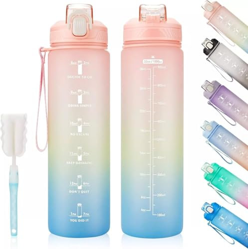 1 Litre Motivational Fitness Sport Water Bottles with Straw & Time Maker, Leakproof BPA-free WITH Carry Strap Plastic Drink Bottle 1L Design for Girls, Boy Running,cycling (Pink-Yellow-Blue Gradient)