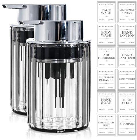Sporgo Lot de 2 distributeurs de savon : 250 ml, rechargeables en plastique, grande tête de pompe, étiquette, mousse pour cuisine et salle de bain