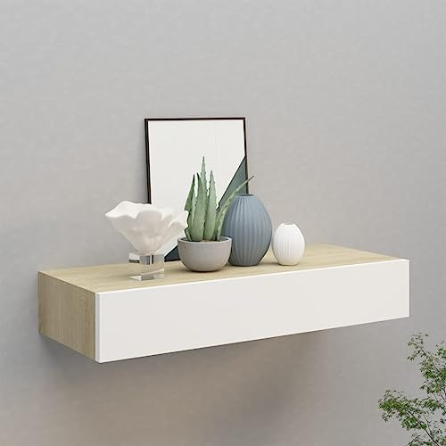 FENLAX Schweberegal mit Schublade 60x23,5x10cm Wandschublade Hängend Wandkonsole mit Schublade Eichenbraun und Weiß