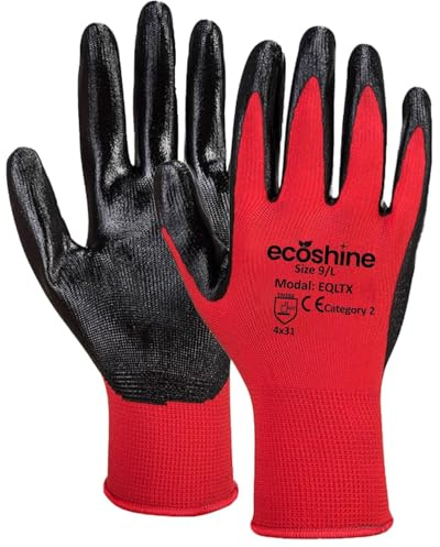 Ecoshine Supplies 12 Pairs work Gloves Red Nitrile Coated Gloves, Heavy Duty Non-Slip Grip for Building and Gardening Warehouse Gloves PREMIUM Quality (Large/9)