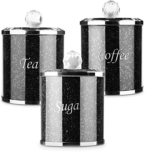 3PCS Diamond Tea Coffee Sugar Canisters Glass Storage Jars | Sparkle Kitchen Storage Set airtight crystal design keeps tea coffee sugar flour fresh for countertop dining office Black