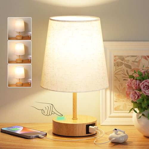 PreeOtti Lampe de Chevet Tactile avec Ports de Charge USB-C+A, Intensité Variable à 3 Voies, Abat-jour en Lin, Petite Lampe de Table pour Chambre Salon D'enfant Bureau(Ampoule Incluse)