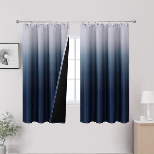 VEHEDE Thermovorhang Kälteschutz Kräuselband Ombre Vorhänge Schlafzimmer, Lärmreduzierung Gradient Vorhang Blackout Curtains Verdunkelung Schienen Vorhang, 2er Set, Dunkelblau und Weiß,H160 x B132 cm