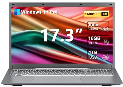 2025 17 17.3 Inch HD+ Windows 11 Pro Laptop for Students and Business, 16GB DDR5 RAM, 1TB SSD, Intel 4-Core N100(Up to 3.4GHz), Backlit Keyboard, Fingerprint, Type-C, w/Office Lifetime License