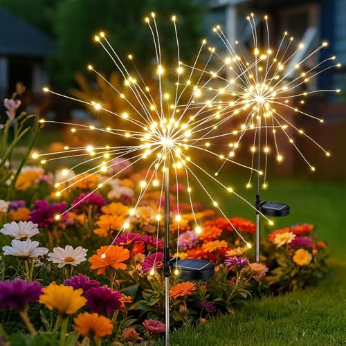 Stripsun Solar Firework Lights Outdoor Garden, 2 Pack Starburst 8 Modes | 300 LEDs, IP65 waterproof, auto dusk-to-dawn. DIY starburst shapes for patio, pathway, flowerbed, party & wedding decor