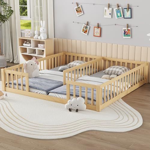 Bellemave Double Twin Floor Bed with Guardrails, Shared Beds Twin Size Montessori Floor Bed with Fence and One Shared Opening, Easy Assemble Montessori Beds for Girls, Boys, Natural