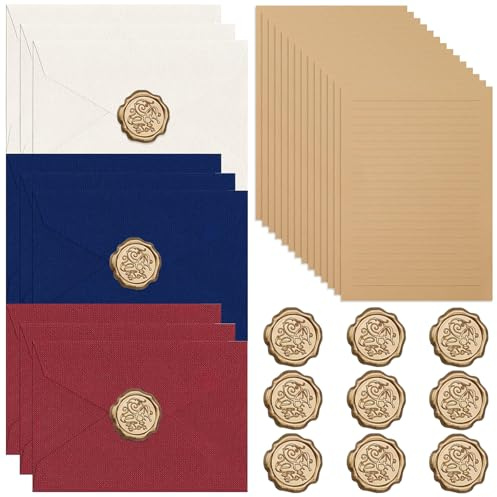 poraceous 38 Pezzi Set di Vintage Carta da Lettere, con 9 Buste in Lino 9 Adesivi Sigillo a Cera, Set di Cancelleria, con 20 Carta Intestata in Cartas Kraft, per Inviti di Nozze, Biglietti