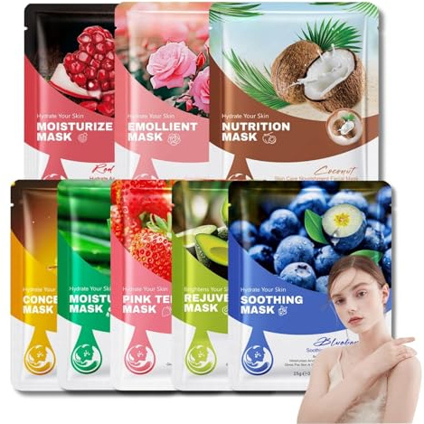 8 Stück Gesichtsmaske Set Tuchmasken Gesicht mit Frucht und Blumen-Extrakten für Intensive Feuchtigkeit und Strahlende Haut – Ideal für Skincare Routine als Perfekte Geschenke für Teenager Mädchen