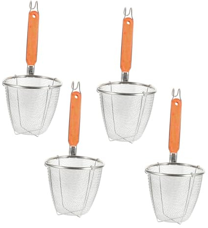MOLUCKFU Panier Fondue Chinoise avec Manche en Bois en Acier Inoxydable Panier à Pâtes en Maille Sûr et Facile à Nettoyer, 4 Pièces Cuisine Cooking