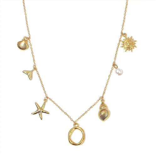 XFSRG Halskette Damen Ketten Muschel Anhänger Meerjungfrau Flosse Seestern Sonne Charm Silberkette Schmuck Perlenkette Ozean Stil Geschenk Strandschmuck Maritim Design (A)