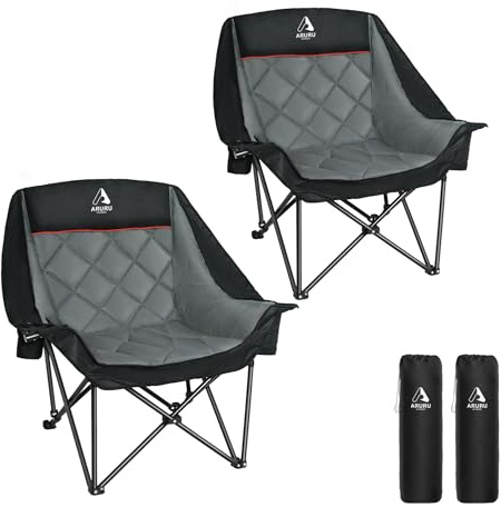 ARURU Campingstol, set om 2 upp till 200 kg, vadderade armstöd, XXL, utomhusstol, fällstol, campingsoffa med mugghållare, kylväska, högt ryggstöd, svart
