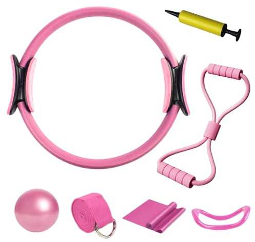 Gykutix 7 Piezas Kit Pilates en Casa, Aro Pilates Mujer Cintas Elásticas Bomba De Aire, Musculación Pilates Essential Kit para Ejercicios de Pilates, Yoga,Gimnasia (Rosa)
