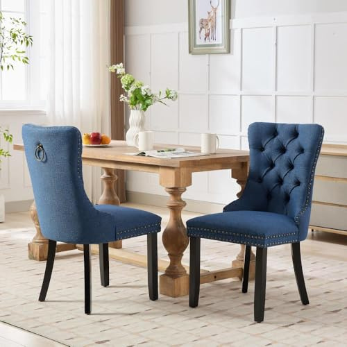 Kiwaou Modern Tufted Solid Wood Contemporary Dining Chair, Flax Upholstered Linen with Wood Legs and Nailhead Trim, 2-Piece Set, Blue
