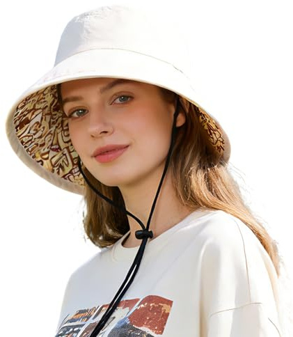Women's Summer Printed Sun Hat Reversible Design Adjustable Brim Travel Hat Beige