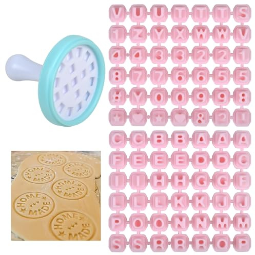 Cookie Press Stamps - Alphabet, Number & Symbol Stamper, 84Pcs, for Custom Cookie, Biscuit & Fondant Decoration, Pink