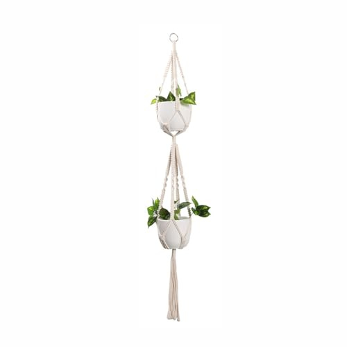 TOP-MAX Soporte colgante de cuerda de algodón, bolsa de malla para macetas, cesta colgante de macramé, colgador doble para plantas para pasillo, patio, techo (A)