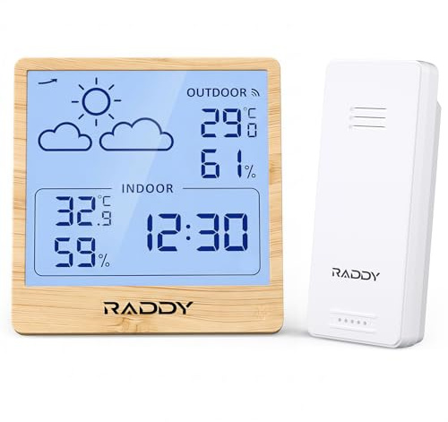 Raddy WF-50T Station Météo Sans Fil Thermomètre Hygromètre Intérieur Extérieur, Moniteur Température Humidité sur Piles, Écran TN 5,0'', Prévisions Météo, Capteur à Distance (Bois Clair)