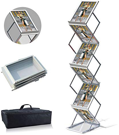 VAIIGO Faltbarer Prospektständer A4 Aluminium - Zeitschriftenständer, Literatur- & Kataloghalter mit 6 Taschen, Flyer Aufsteller mit Tragetasche, Bodenaufsteller für Messe, Büro, Ausstellung (Silber)
