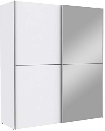 Forte WHITE KISS Schrank 170, weißer Kleiderschrank Spiegel, Moderner Schwebetürenschrank 2-türig, Einlegeböden und Kleiderstange, Holzwerkstoff, Weiß, 170,0 cm breit x 190,5 cm hoch x 61,0 cm tief
