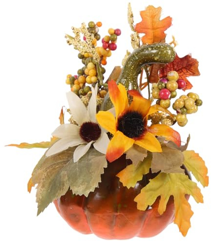 Amosfun KüNstliche KüRbis Dekoration Kunststoff Herbstdeko Tisch Ornamente Mit GefäLschten Sonnenblumen Und Gebogener Melone FüR Halloween Thanksgiving Feier