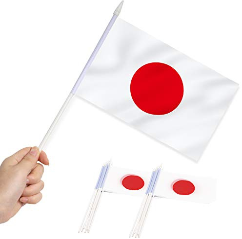 Anley Japan Mini Flag 12 Pack - Hand Held Small Miniature Janpanese Flags on Stick - Fade Resistant & Vivid Colors - 5x8 Inch with Solid Pole & Spear Top
