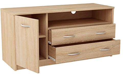 MATKAM Fernsehkommode 1D2S, H55xB110xT41cm, laminierte Möbelplatte 16 mm, EIN offenes Regalfach rechts, darunter 2 Schubladen, Links eine Ablage mit Tür, Metallscharniere (Sonoma Eiche)
