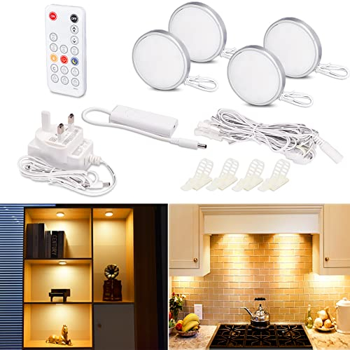 WOBANE Dimmable Under Cabinet Kitchen Lights,LED Counter Lighting with Remote Control,Stick on Light for Under Cupboards,Warm White Puck Lights for Closet,Shelf,Bookcase,4pack