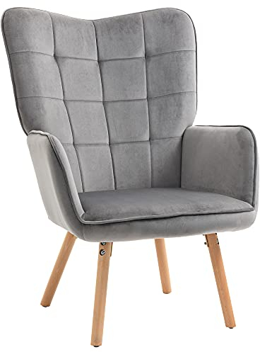 HOMCOM Sessel Ohrensessel mit Armlehne, Holzrahmen Gepolstert Loungesessel mit Samtoptik, Relaxsessel für Wohnzimmer, Schlafzimmer, Grau