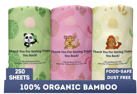 MOTHER EARTH Bamboo Paper Towels | 2-Ply, 3 Rolls, 250 Sheets per Roll | Gentle for Sensitive Skin & Daily Cleaning Tasks
