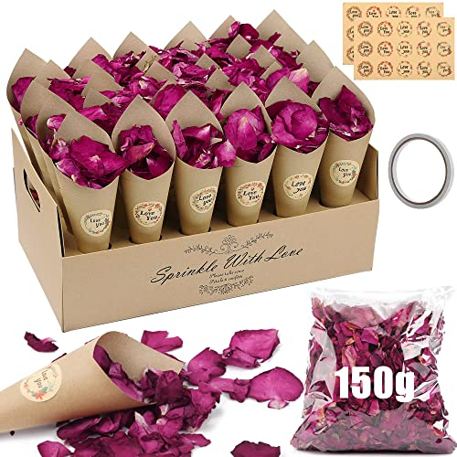 Mbsomnus Konfetti Hochzeit - 150g Natürliche Rosenblätter Getrocknet, 30 Kraftpapier Kegel & Halter, 30 Aufkleber Vintage, Blütenkonfetti für Tischdeko Geburtstag Party