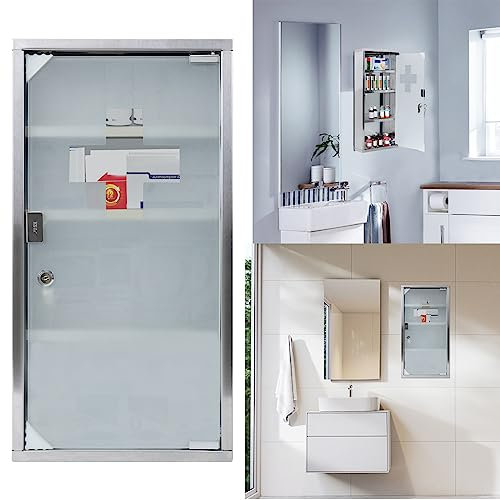 YARDIN medicinskåp, apoteksskåp, låsbart med 4 fack, medicinskåp i rostfritt stål, husapotek med glasdörr, läkeskåp, hängande 30 x 12 x 57,5 cm, silver