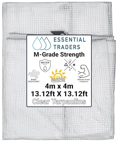 Clear Monotex Heavy Duty Tarpaulin, 100gsm Waterproof Ground Cover Multipurpose Furniture, Caravan, Vehicle, Tool, Camping & Shed Mono Sheet, Medium Weight Reinforced Cotton Mesh (4m x 4m)