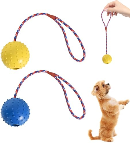 Naturgummiball Mit Seil Hundespielzeug - Gelb & Blau, Empfindliche Farben Für Hunde, Welpenspielzeug, Wurfball, Ball Mit Schnur, Haustier Ball (ø 5 X 30)