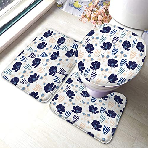 Alfombra De Baño De 3 Piezas Flores Azules De Estilo Simple Y Elegante Y Patrones De Coral. Alfombras De Cama Absorbentes Juego De Alfombrillas De Baño, para Cocina, Baño