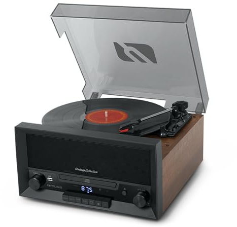Muse Plattenspieler, Bluetooth-Schallplattenspieler mit integrierten Stereo-Lautsprechern, Vintage, 3 Geschwindigkeiten - Radio - USB - Aux-in - LED Anzeige/Schwarz-Braun