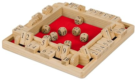 Relaxdays Shut The Box Spiel, 10er, 2 bis 4 Spieler, Holz, Klappenspiel für Kinder & Erwachsene, Würfelspiel, Natur/rot